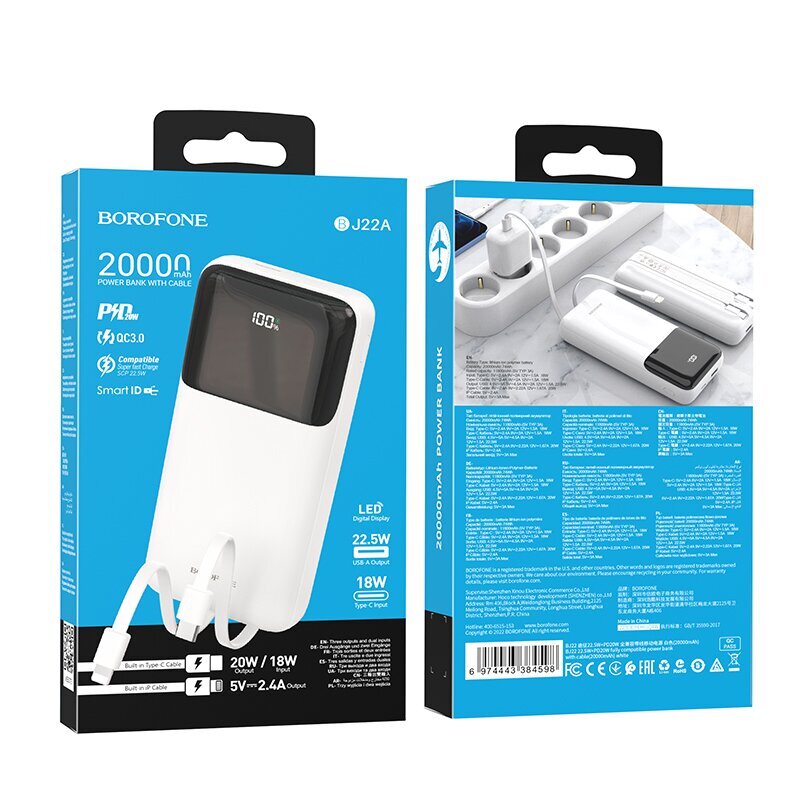 Borofone Power Bank 20000mAh BJ22A - USB - PD QC 3.0 22,5W C-tüüpi ja Lightning kaablitega valge hind ja info | Akupangad | kaup24.ee