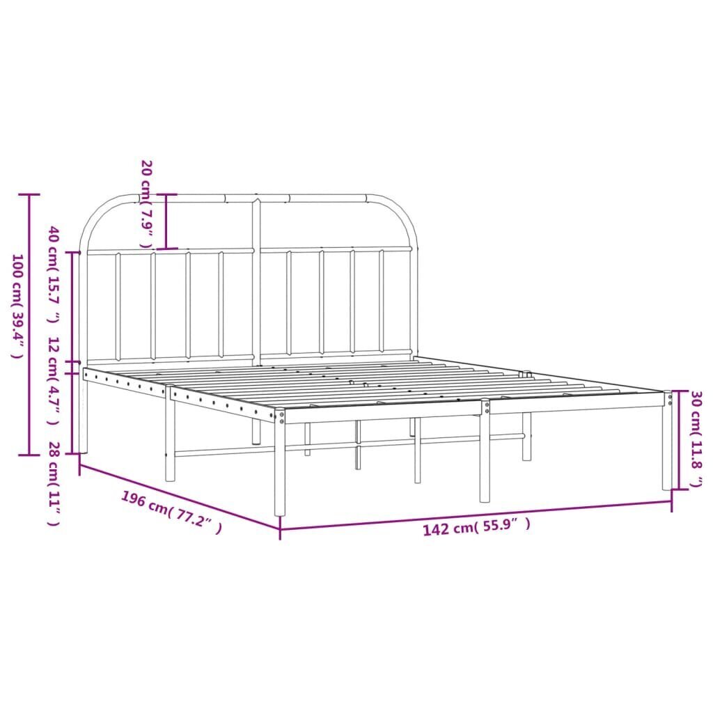 vidaXL metallist voodiraam peatsiga, valge, 135x190 cm hind ja info | Voodid | kaup24.ee