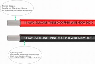 Гибкий 5 метровый силиконовый электрический кабель 14 AWG [2,5 м Черный и 2,5 м Красный] Стойкость к высоким температурам, Обладает Укрепленной Оболочкой цена и информация | Кабели и провода | kaup24.ee