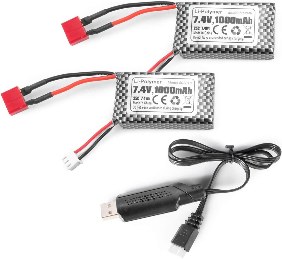 Laetavad Lipo akud 7.4V 1000mAh T-pistikuga 18859, 2 tk hind ja info | Patareid | kaup24.ee