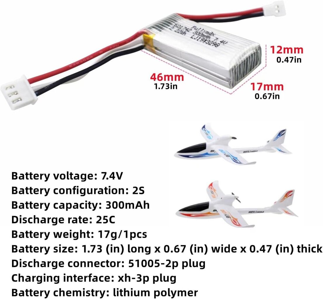 7.4V 300mAh kiire liitium aku WLToys, 2 tk hind ja info | Patareid | kaup24.ee