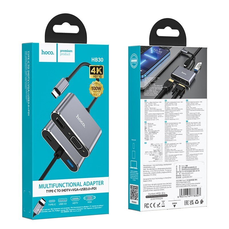 Adapter Hoco HB30 Type-C to HDMI+VGA+USB-A3.0+Type-C hall hind ja info | USB jagajad, adapterid | kaup24.ee