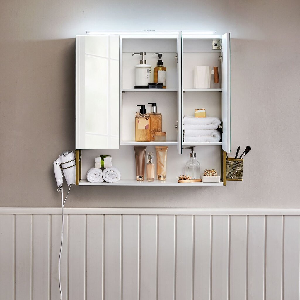 Peegelkapp LED valgustusega Vasagle valge, kuldne hind ja info | Vannitoakapid | kaup24.ee
