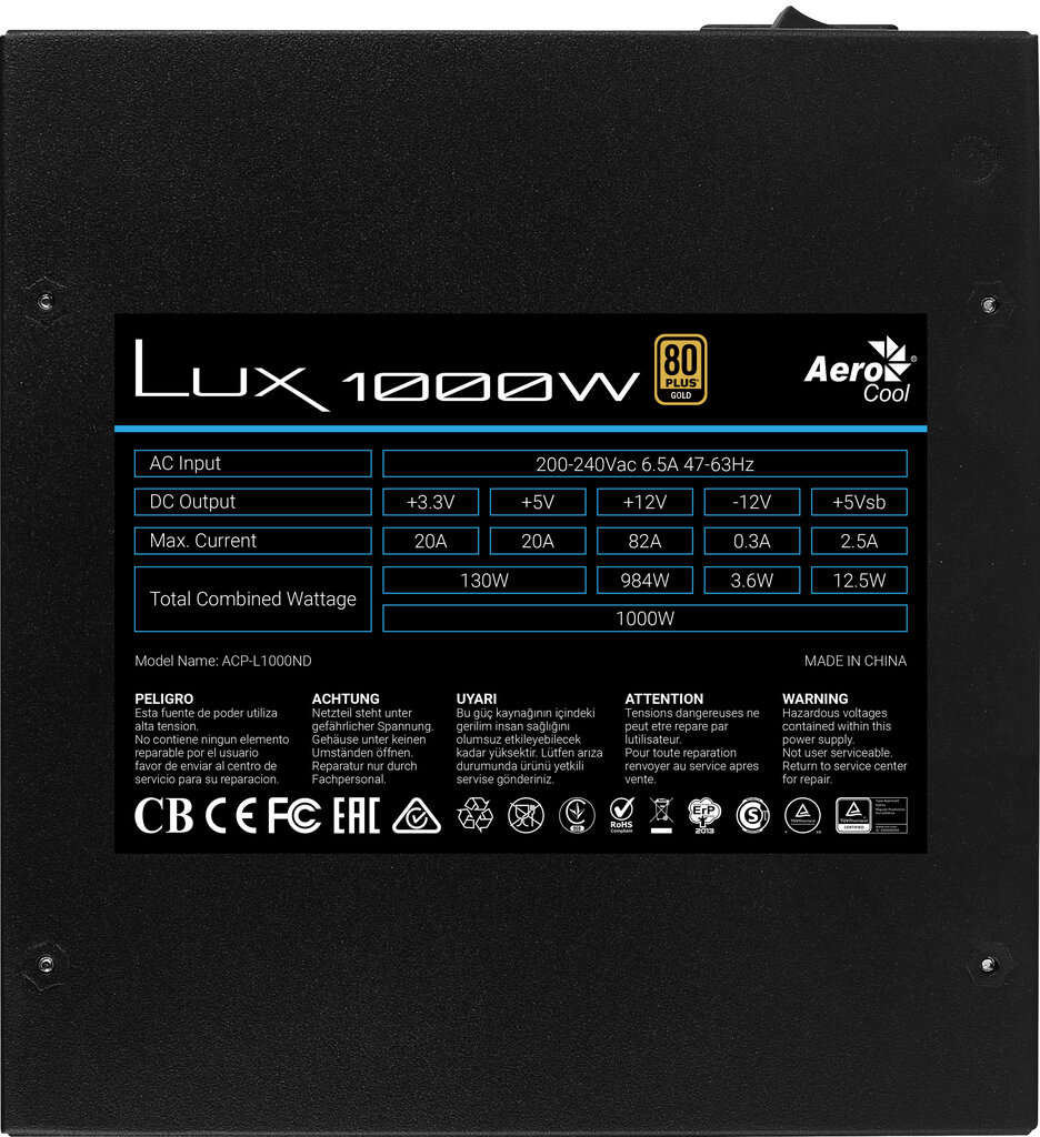 Aerocool AEROLUX-1000-80GOLD hind ja info | Toiteplokid (PSU) | kaup24.ee