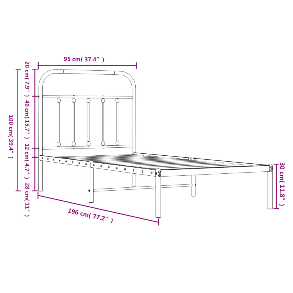 vidaXL metallist voodiraam peatsiga, must, 90 x 190 cm цена и информация | Voodid | kaup24.ee