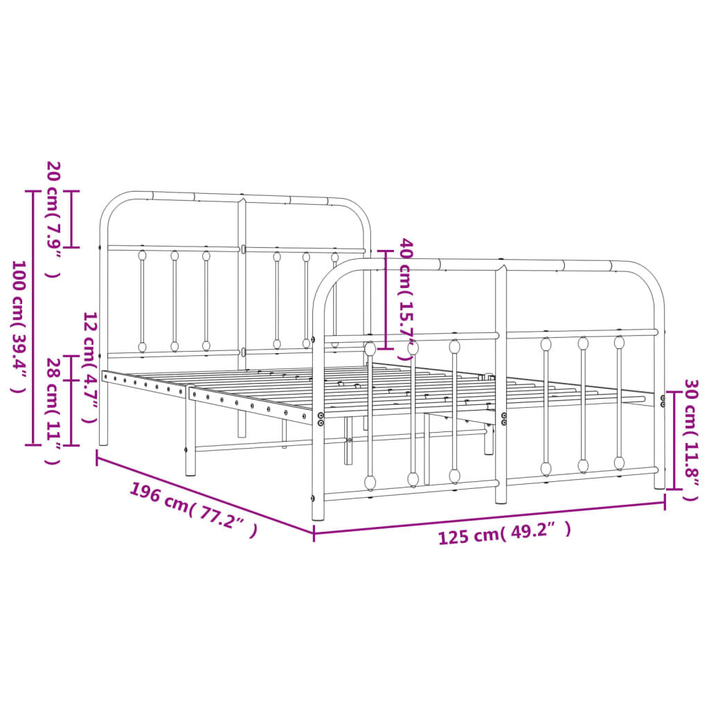 vidaXL metallist voodiraam peatsi ja jalutsiga, must, 120 x 190 cm hind ja info | Voodid | kaup24.ee