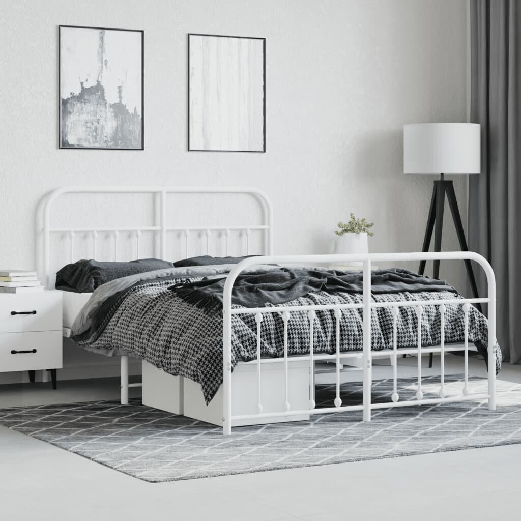 vidaXL metallist voodiraam peatsi ja jalutsiga, valge, 135 x 190 cm hind ja info | Voodid | kaup24.ee