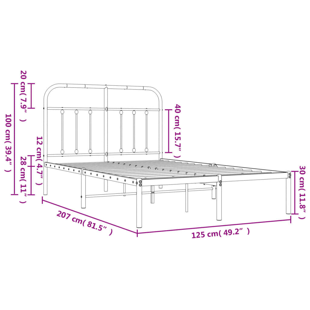 vidaXL metallist voodiraam peatsiga, must, 120 x 200 cm hind ja info | Voodid | kaup24.ee