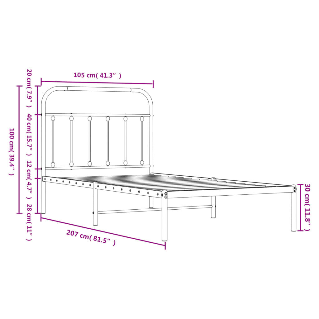 vidaXL metallist voodiraam peatsiga, must, 100x200 cm hind ja info | Voodid | kaup24.ee