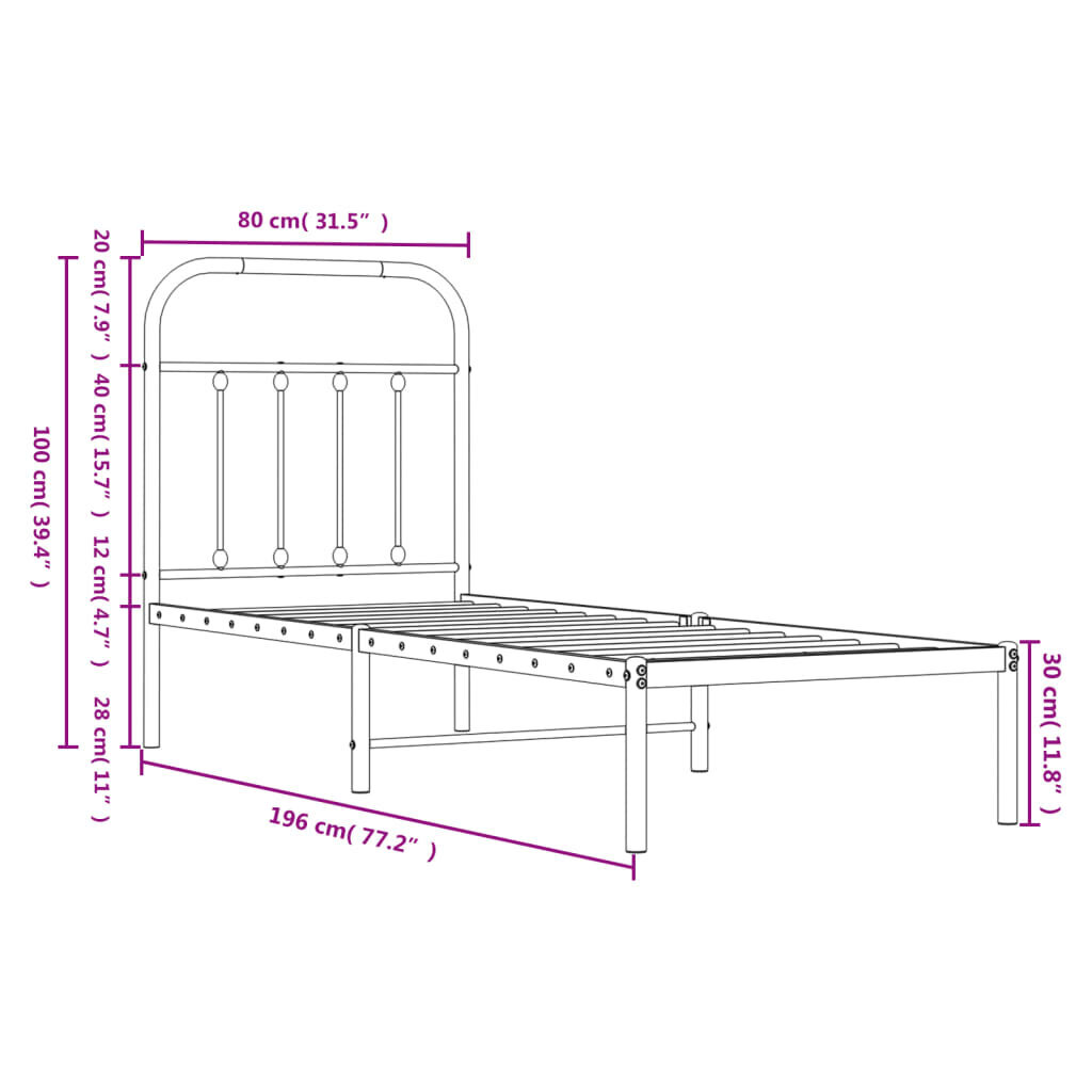 vidaXL metallist voodiraam peatsiga, must, 75x190 cm hind ja info | Voodid | kaup24.ee