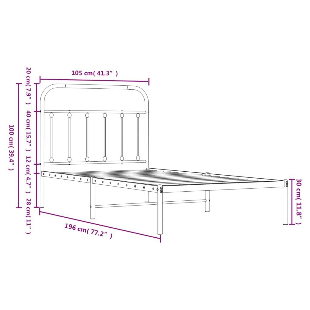 vidaXL metallist voodiraam peatsiga, must, 100x190 cm hind ja info | Voodid | kaup24.ee