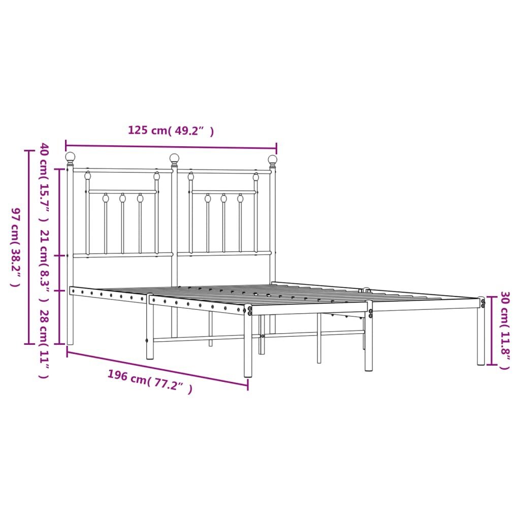 vidaXL metallist voodiraam peatsiga, valge, 120x190 cm hind ja info | Voodid | kaup24.ee