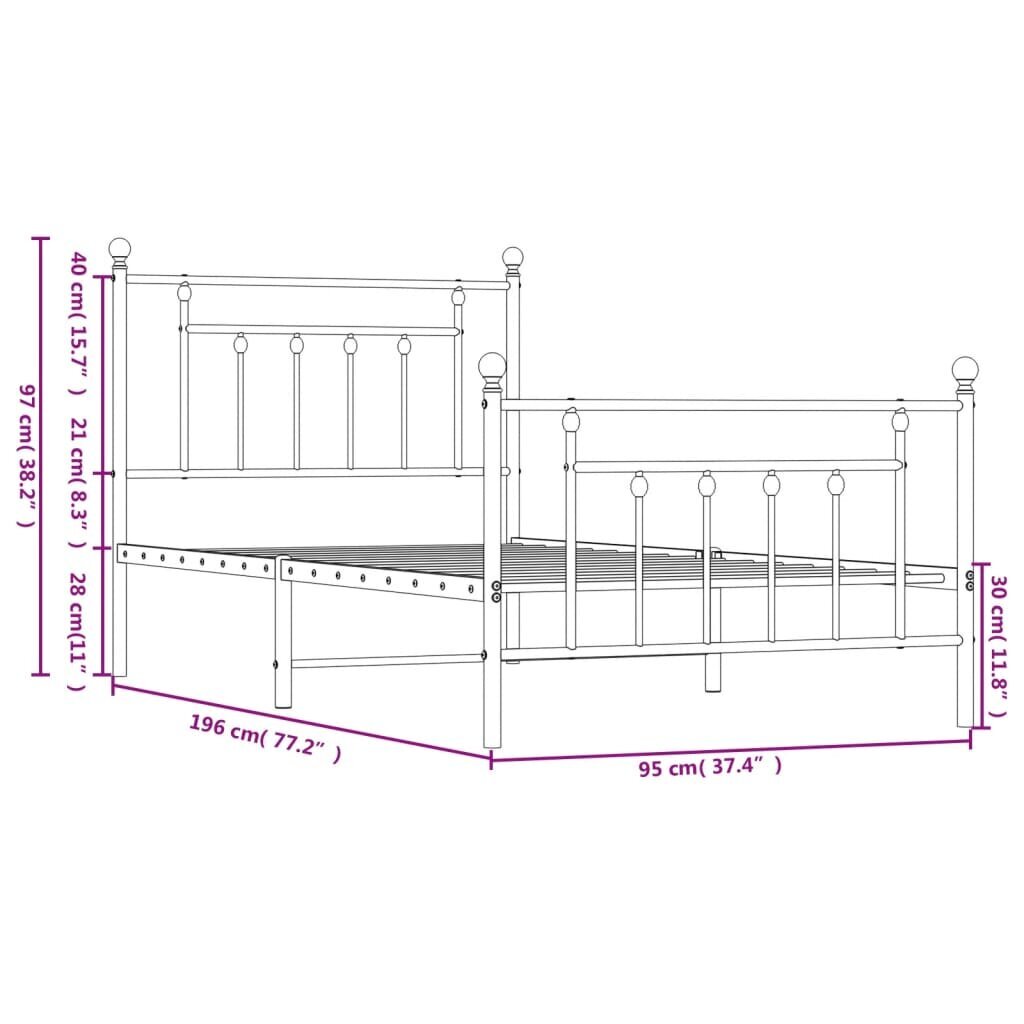 vidaXL metallist voodiraam peatsi ja jalutsiga, must, 90x190 cm hind ja info | Voodid | kaup24.ee