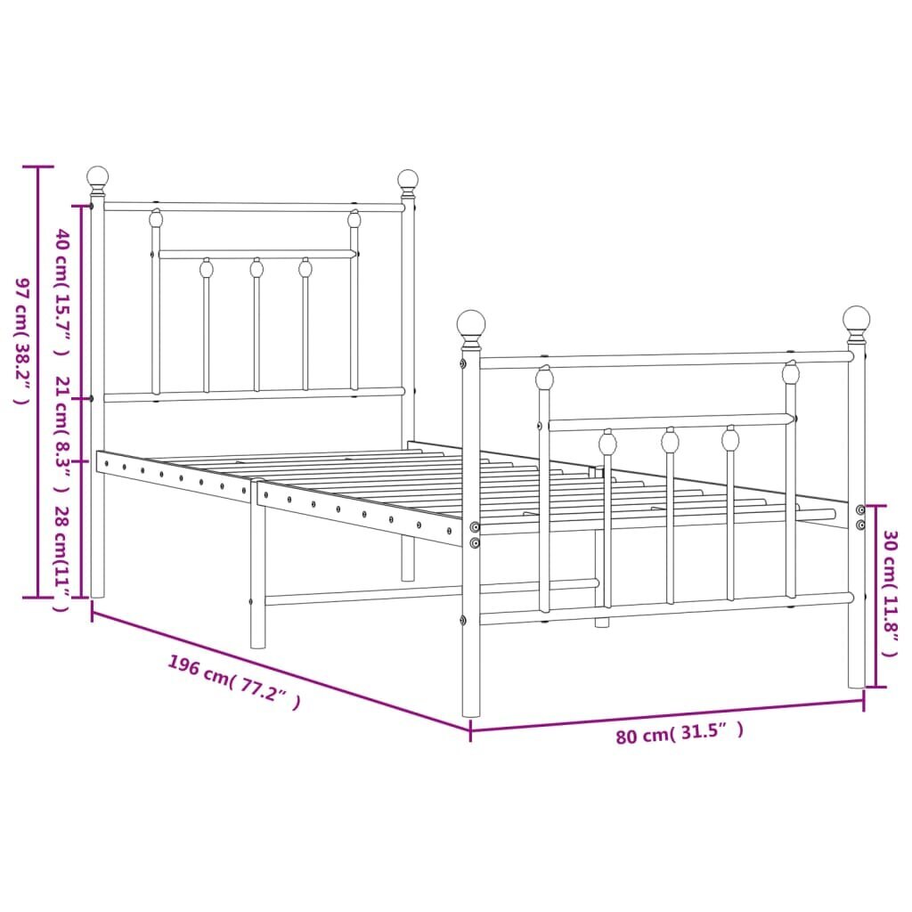 vidaXL metallist voodiraam peatsi ja jalutsiga, must, 75 x 190 cm цена и информация | Voodid | kaup24.ee