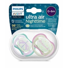 Пустышки Philips Avent Ultra Air Night, 0-6 мес, 2 шт. цена и информация | Соски на бутылочку | kaup24.ee