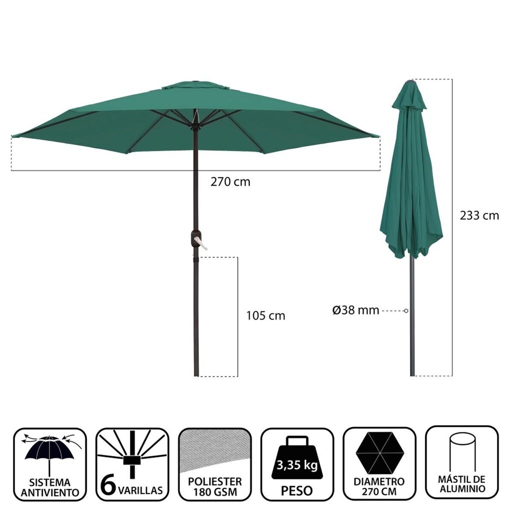 Päikesevari Monty Roheline 270 cm hind ja info | Päikesevarjud, markiisid ja alused | kaup24.ee
