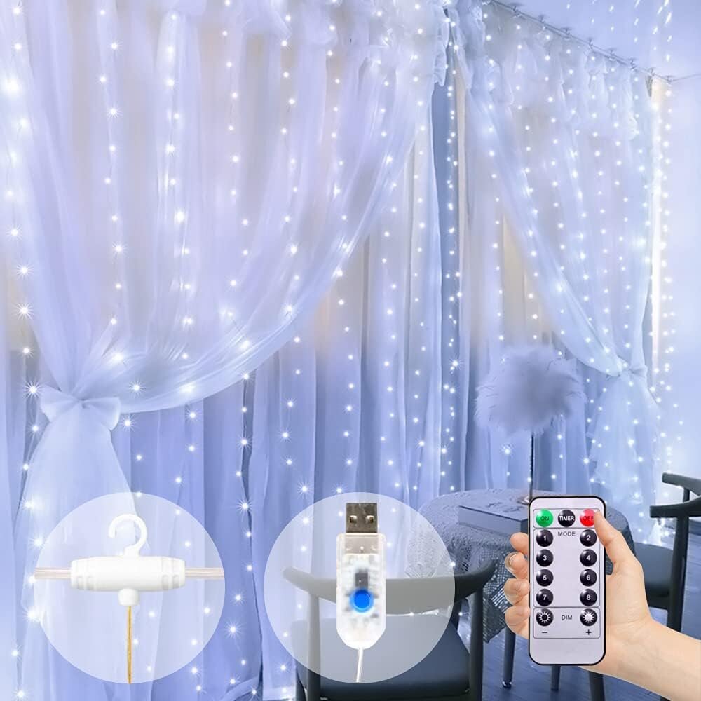 LED riba, lipikuga kardin jõuludeks, kardin USB juhtimispuldiga, valge värv, 3 m x 3 m цена и информация | Jõulutuled | kaup24.ee