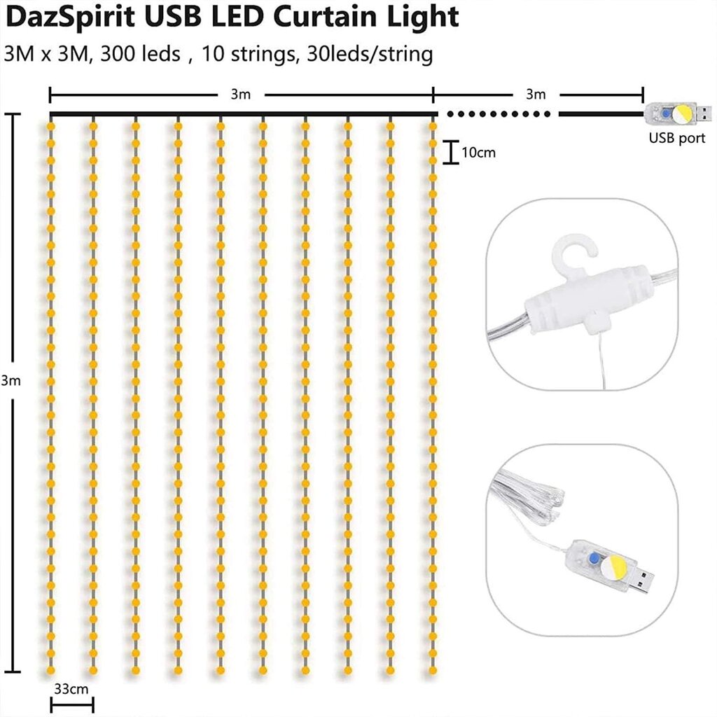 LED riba, lipikuga kardin jõuludeks, kardin USB juhtimispuldiga, valge värv, 3 m x 3 m цена и информация | Jõulutuled | kaup24.ee