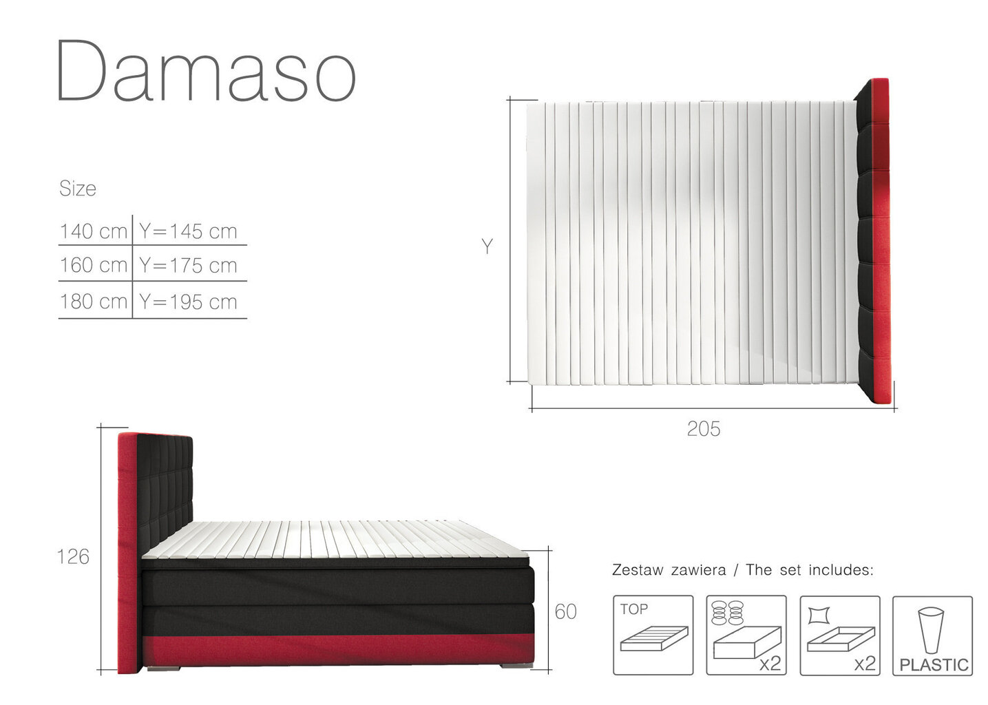 Voodi Damaso, 140x200 cm, must/punane hind ja info | Voodid | kaup24.ee