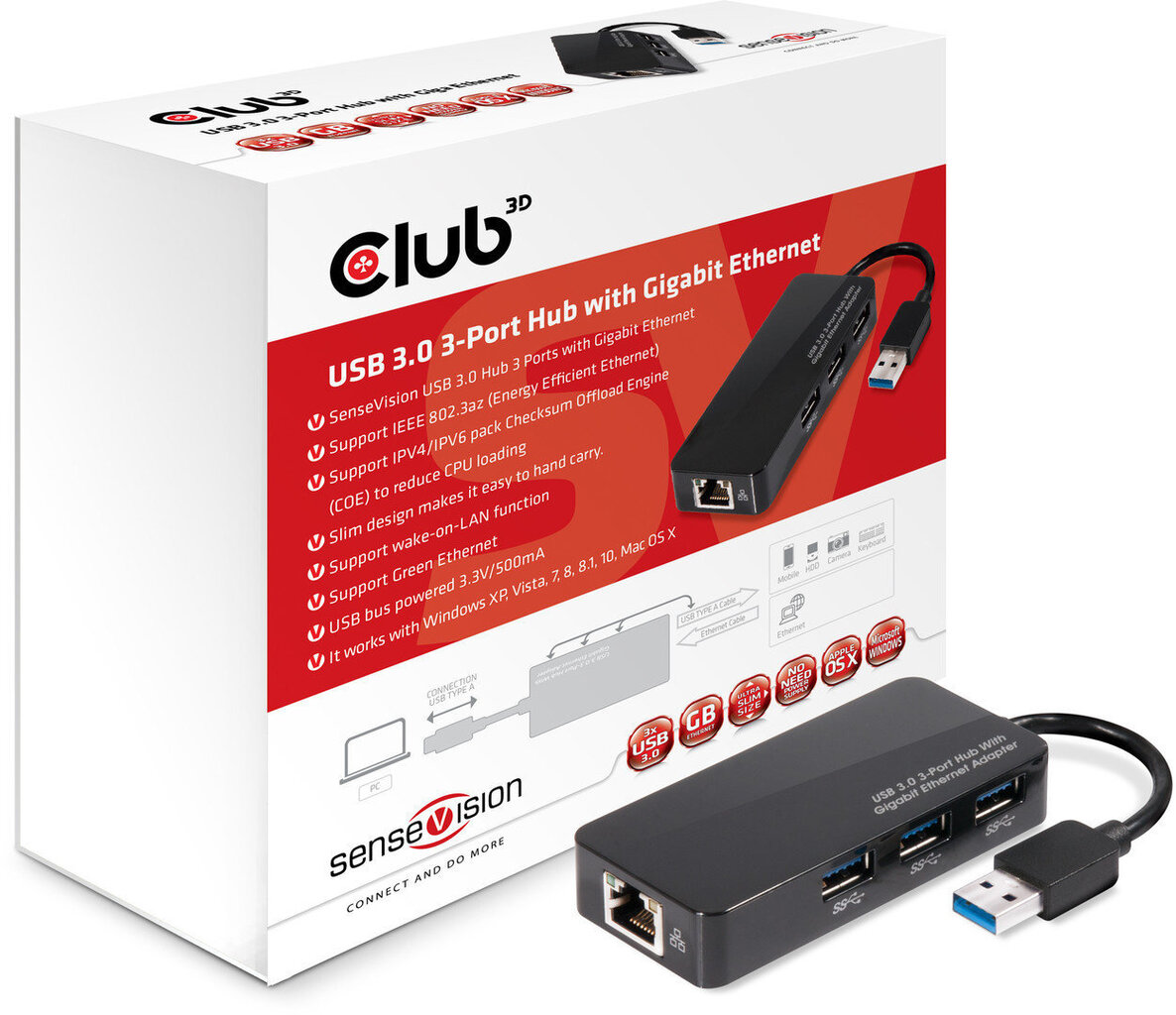 Club 3D USB 3.0 3-port hub with gigabit ethernet hind ja info | USB jagajad, adapterid | kaup24.ee