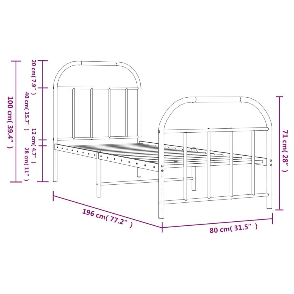 vidaXL metallist voodiraam peatsi ja jalutsiga, valge, 75x190 cm hind ja info | Voodid | kaup24.ee