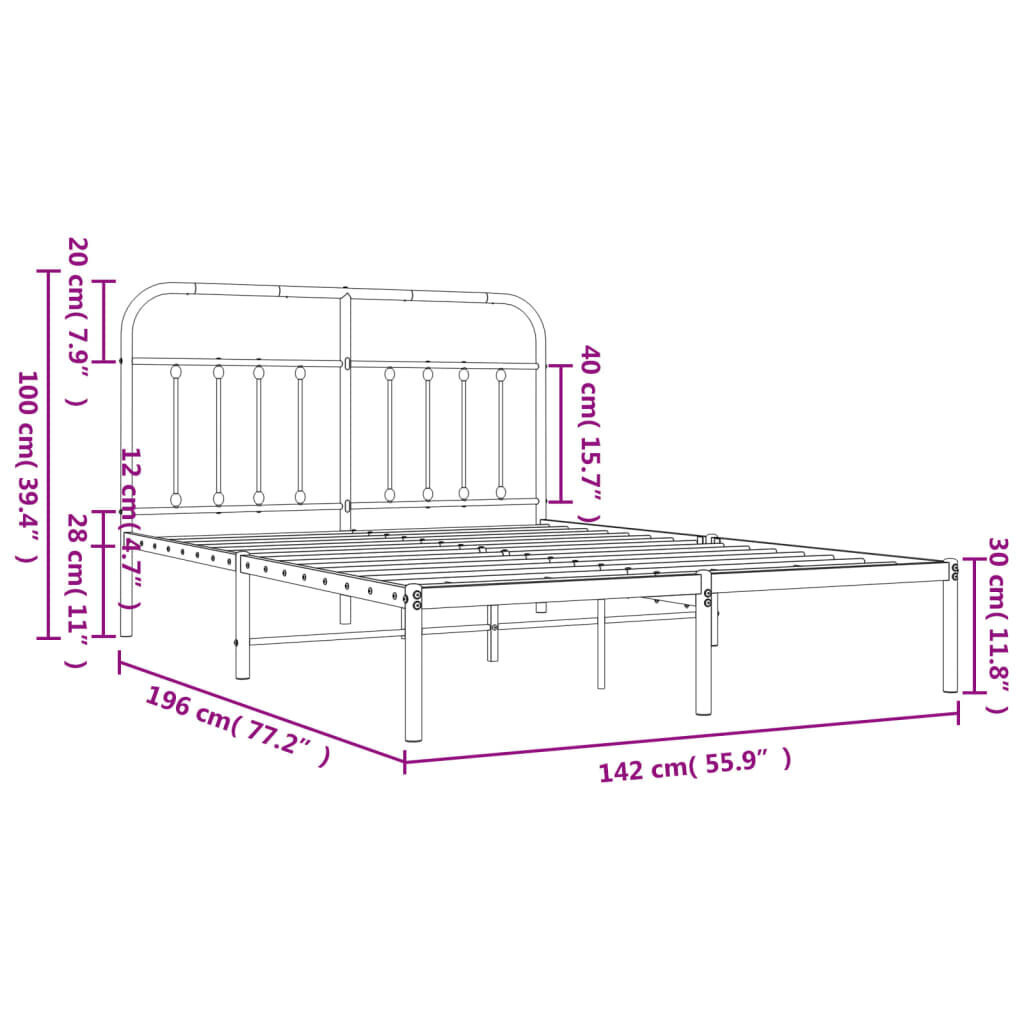 vidaXL metallist voodiraam peatsiga, valge, 135x190 cm hind ja info | Voodid | kaup24.ee