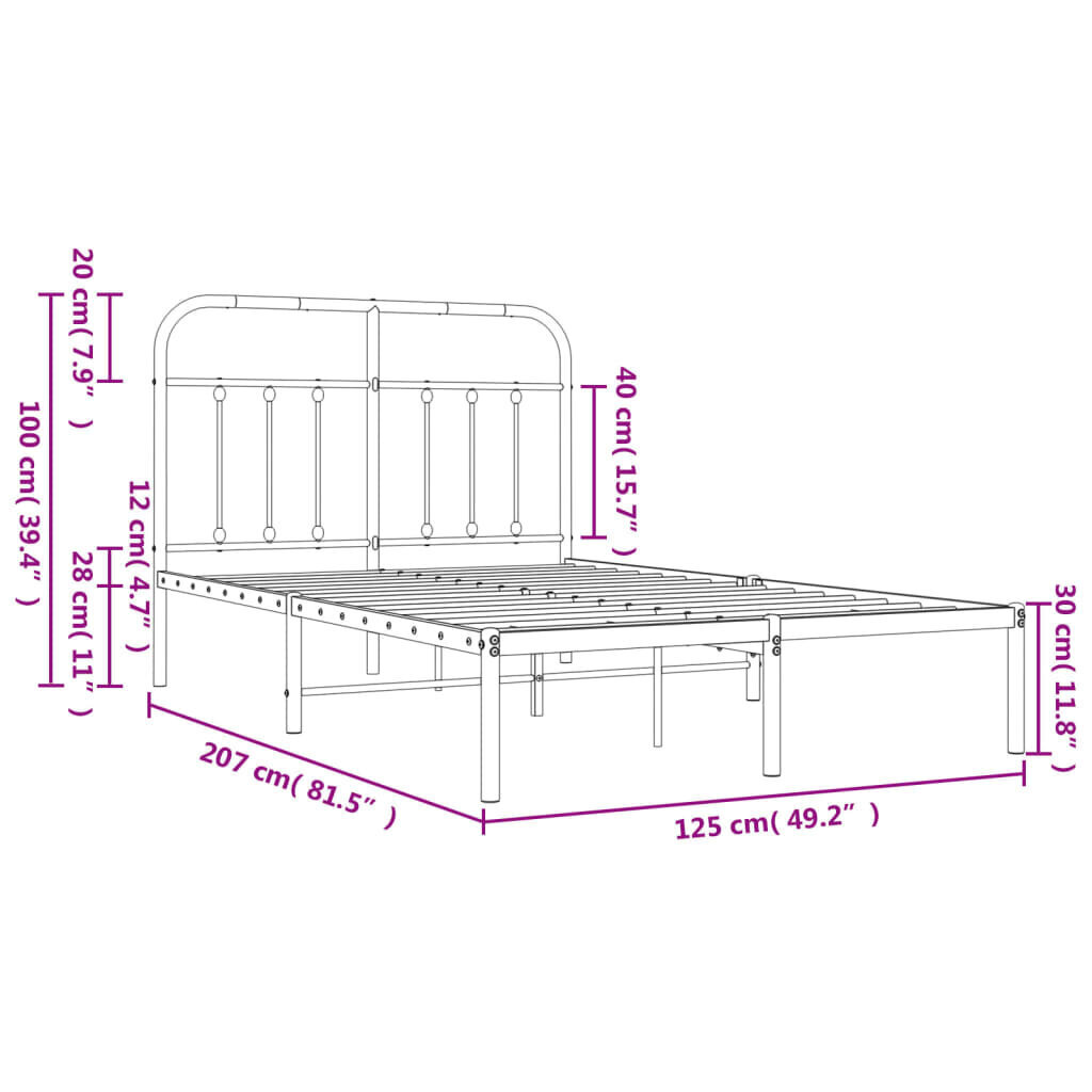 vidaXL metallist voodiraam peatsiga, valge, 120 x 200 cm hind ja info | Voodid | kaup24.ee