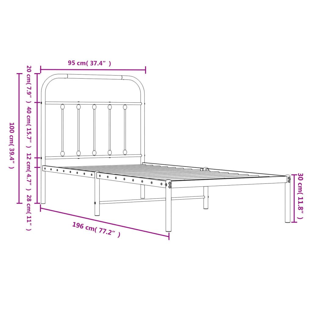 vidaXL metallist voodiraam peatsiga, valge, 90 x 190 cm hind ja info | Voodid | kaup24.ee