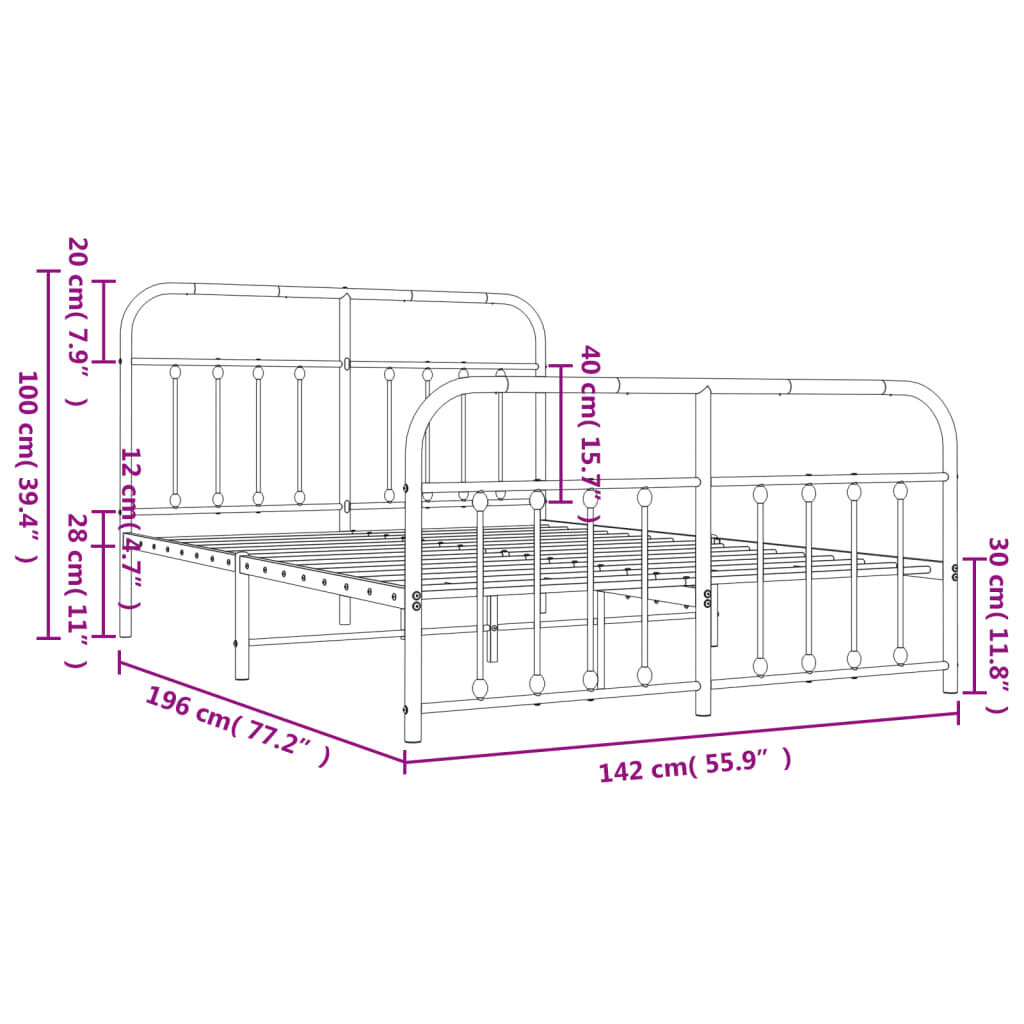 vidaXL metallist voodiraam peatsi ja jalutsiga, must, 135 x 190 cm hind ja info | Voodid | kaup24.ee