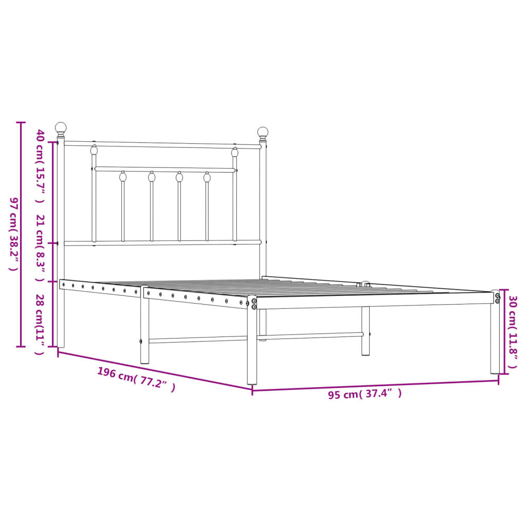 vidaXL metallist voodiraam peatsiga, valge, 90 x 190 cm hind ja info | Voodid | kaup24.ee