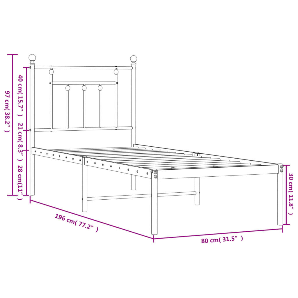 vidaXL metallist voodiraam peatsiga, valge, 75x190 cm hind ja info | Voodid | kaup24.ee