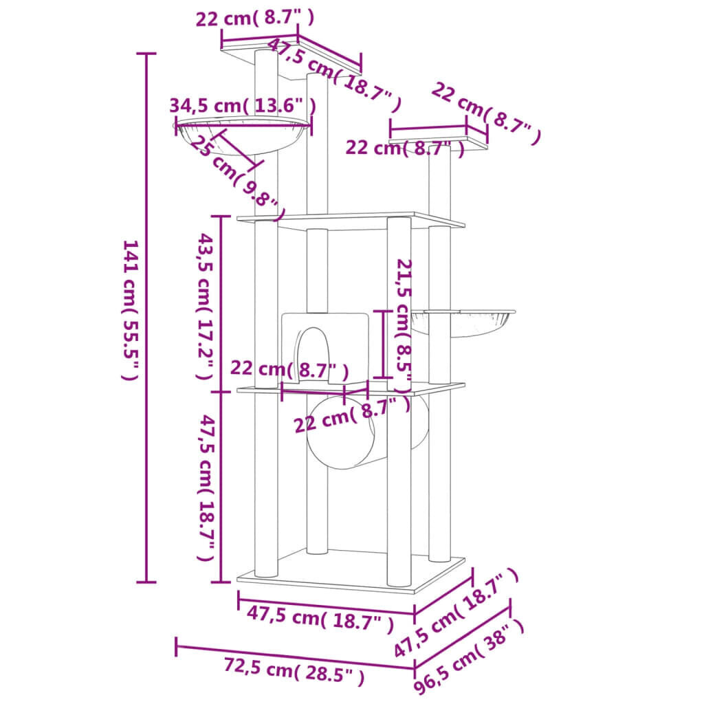 vidaXL kassimaja sisalköitega kraapimispostidega, helehall, 141 cm hind ja info | Kraapimispuud | kaup24.ee