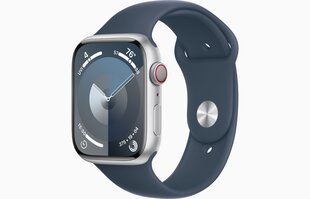 Apple Watch Series 9 GPS + Cellular 41mm Silver Aluminium Case with Storm Blue Sport Band - S/M - MRHV3ET/A цена и информация | Смарт-часы (smartwatch) | kaup24.ee