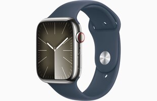 Apple Watch Series 9 GPS + Cellular 41mm Silver Stainless Steel Case with Storm Blue Sport Band - S/M MRJ23ET/A цена и информация | Смарт-часы (smartwatch) | kaup24.ee