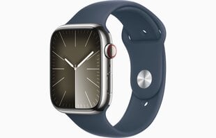 Apple Watch Series 9 GPS + Cellular 45mm Silver Stainless Steel Case with Storm Blue Sport Band - M/L MRMP3ET/A цена и информация | Смарт-часы (smartwatch) | kaup24.ee