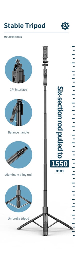 360-kraadine panoraam-selfipulk kaugjuhtimispuldi ja statiiviga, Livman L16 (selfie stick) hind ja info | Selfie sticks | kaup24.ee