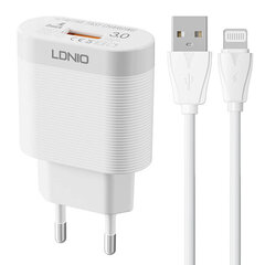 LDNIO Сетевое зарядное устройство LDNIO A303Q USB 18 Вт + кабель Lightning цена и информация | Зарядные устройства для телефонов | kaup24.ee