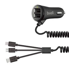 Budi LED car charger 2x USB, 3.4A + 3in1 USB to USB-C | Lightning | Micro USB cable (black) цена и информация | Зарядные устройства для телефонов | kaup24.ee