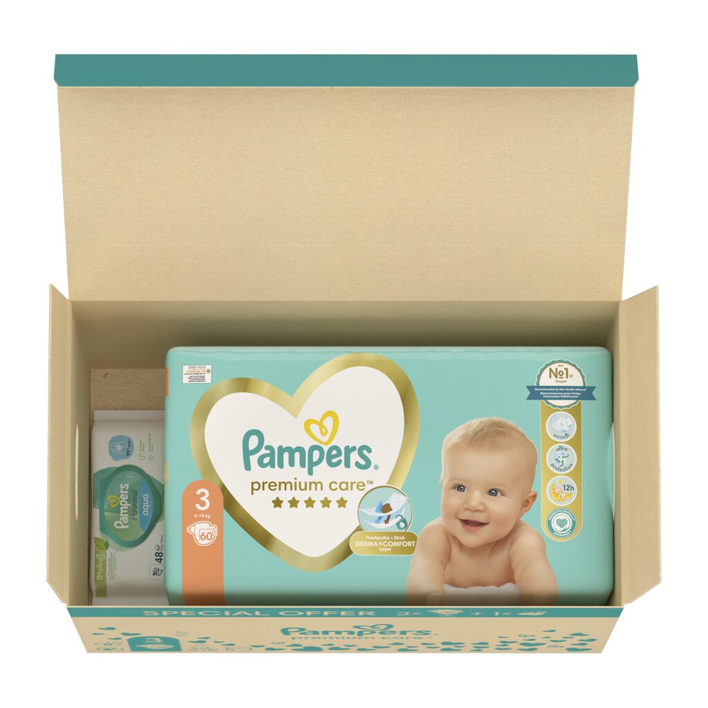 Mähkmed Pampers Premium Care, suurus 3 6-10 kg, 120 tk. + Kingitus Harmonie Aqua 48 salvrätikud väikelastele цена и информация | Mähkmed | kaup24.ee