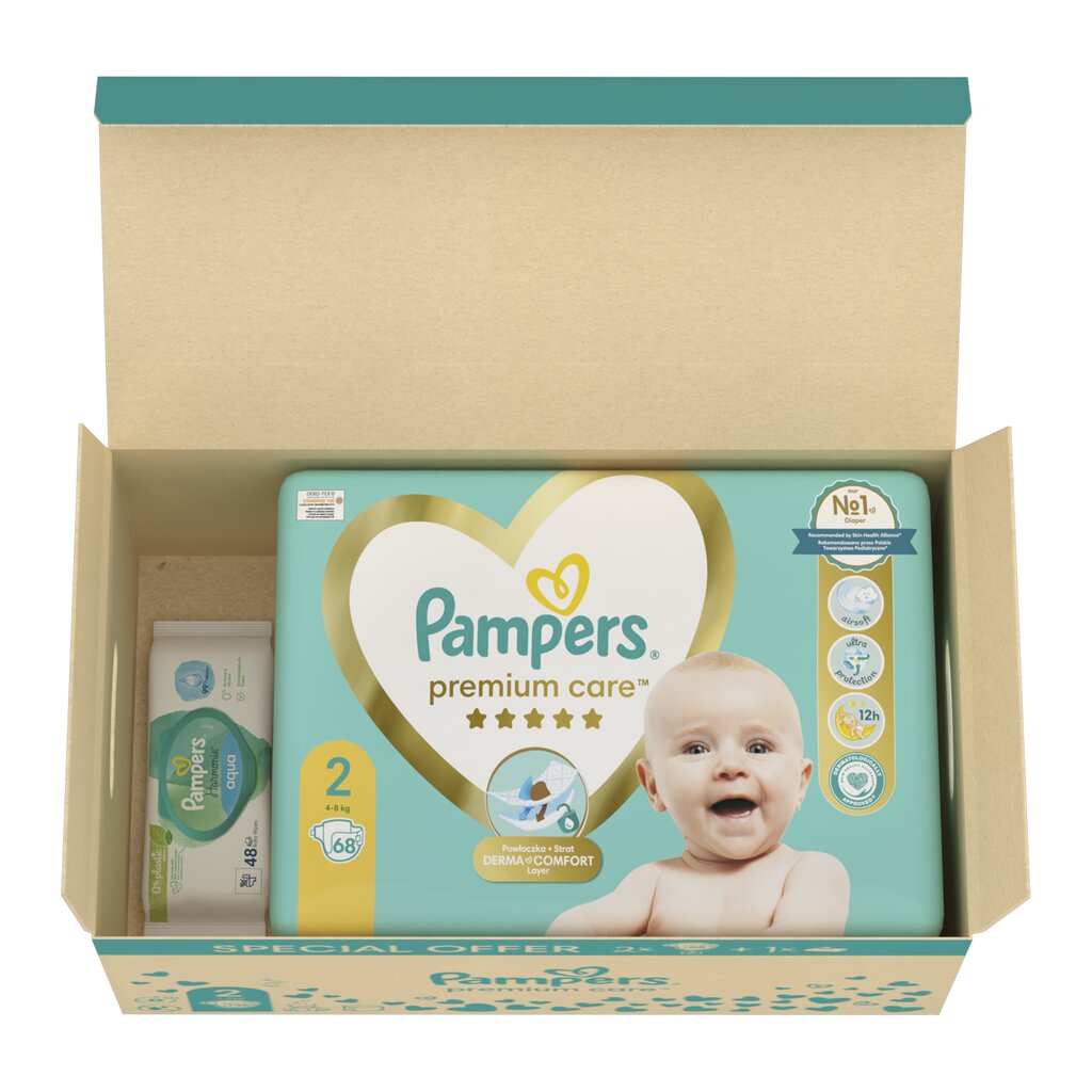 Mähkmed Pampers Premium Care, suurus 2 4-8 kg, 136 tk. + Kingitus Harmonie Aqua 48 salvrätikud väikelastele hind ja info | Mähkmed | kaup24.ee