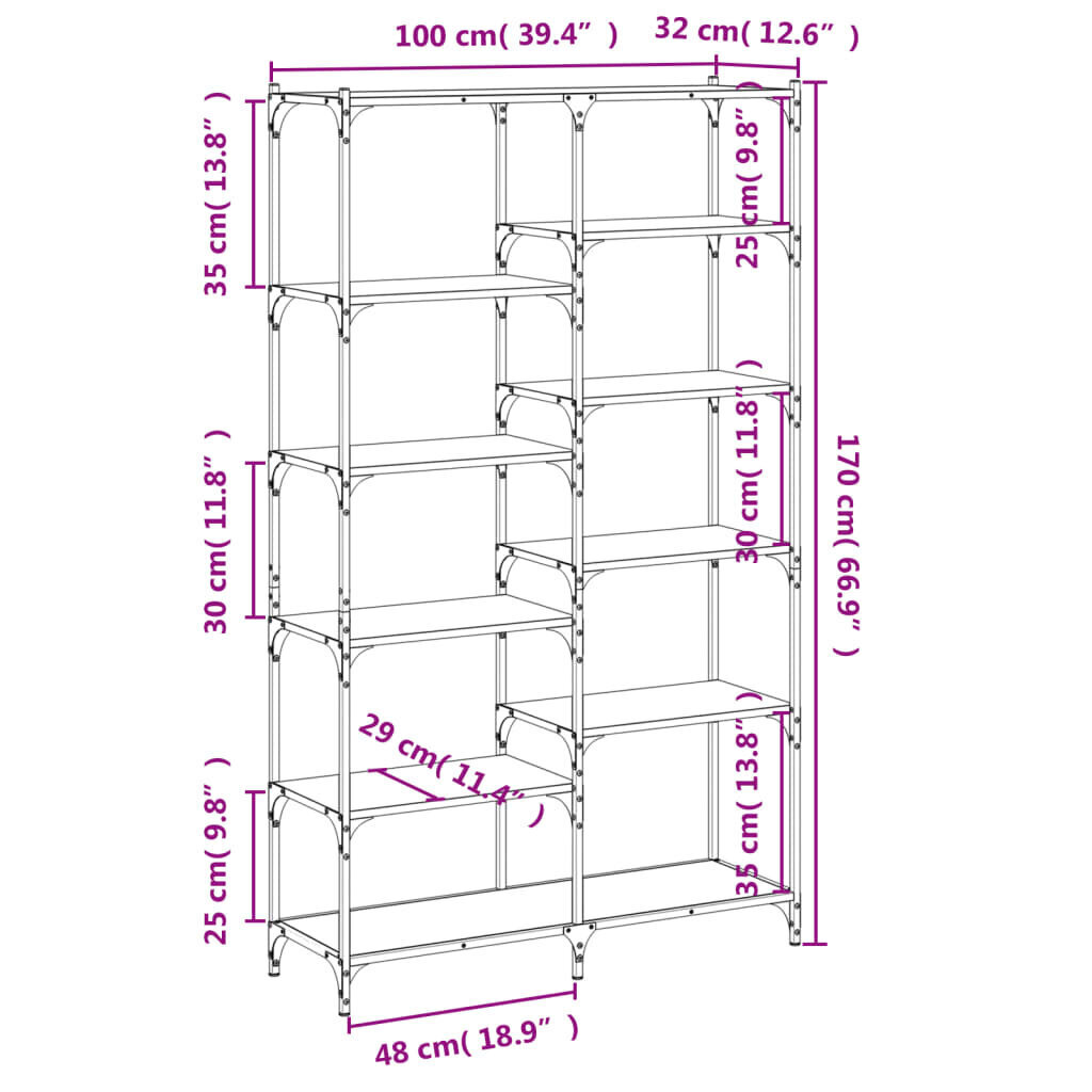 vidaXL raamaturiiul, pruun tamm, 100 x 32 x 170 cm, tehispuit ja raud hind ja info | Riiulid | kaup24.ee