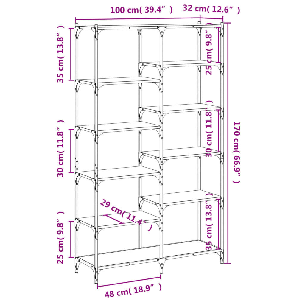 vidaXL raamaturiiul, hall Sonoma tamm, 100x32x170 cm, tehispuit/raud hind ja info | Riiulid | kaup24.ee