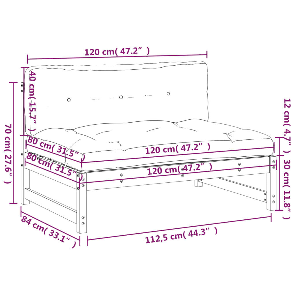 vidaXL keskmine diivaniosa, must, 120 x 80 cm, männipuit цена и информация | Aiatoolid | kaup24.ee