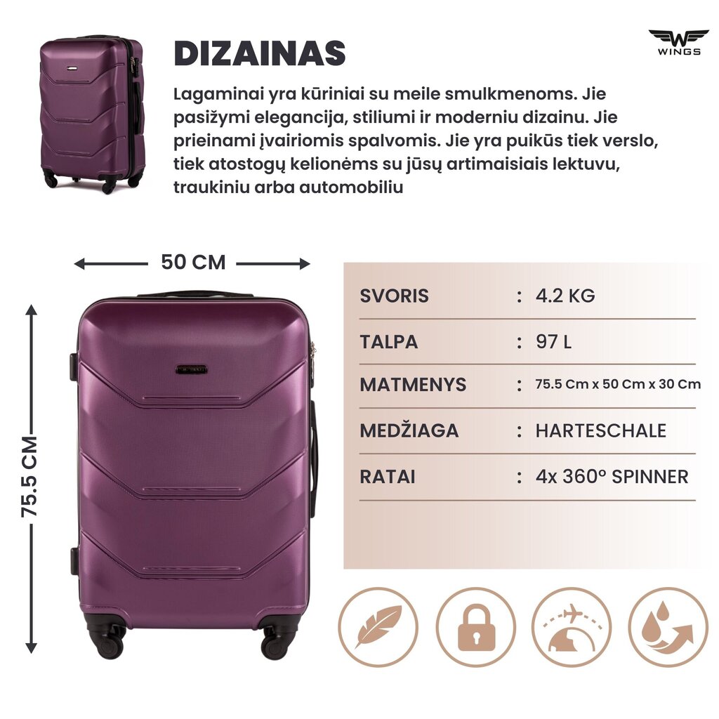 Suur kohver Wings Peacock, L, tumelilla hind ja info | Kohvrid, reisikotid | kaup24.ee