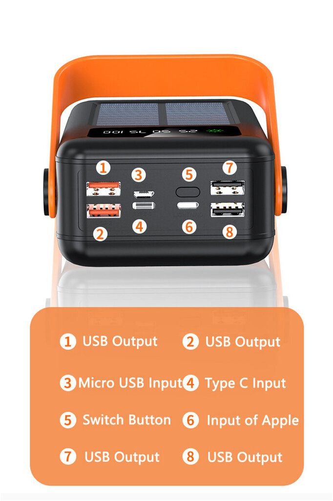 Päikesepank koos juhtmete ja taskulambiga, microUSB, USB-C, Lightning, USB 30000 mAh цена и информация | Akupangad | kaup24.ee