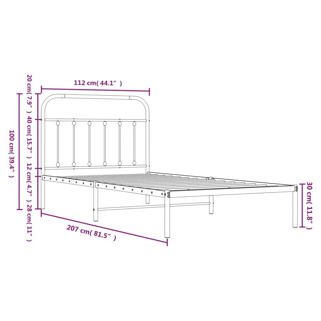 vidaXL metallist voodiraam peatsiga, valge, 107x203 cm цена и информация | Voodid | kaup24.ee