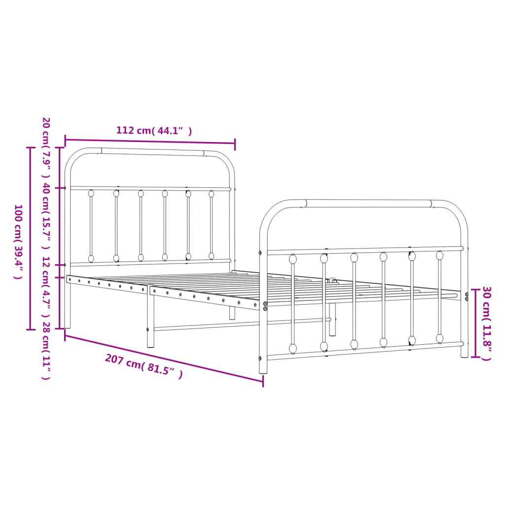 vidaXL metallist voodiraam peatsi ja jalutsiga, valge, 107x203 cm hind ja info | Voodid | kaup24.ee