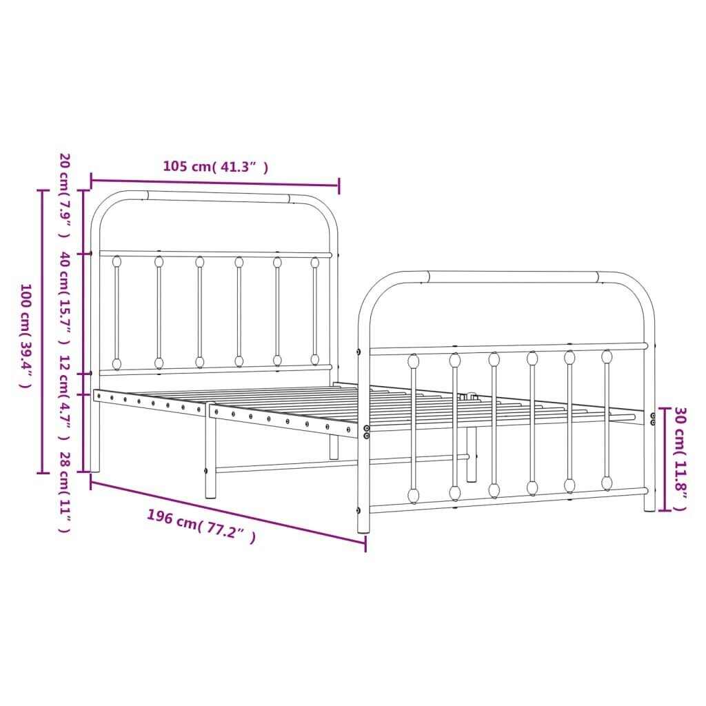 vidaXL metallist voodiraam peatsi ja jalutsiga, valge, 100x190 cm hind ja info | Voodid | kaup24.ee