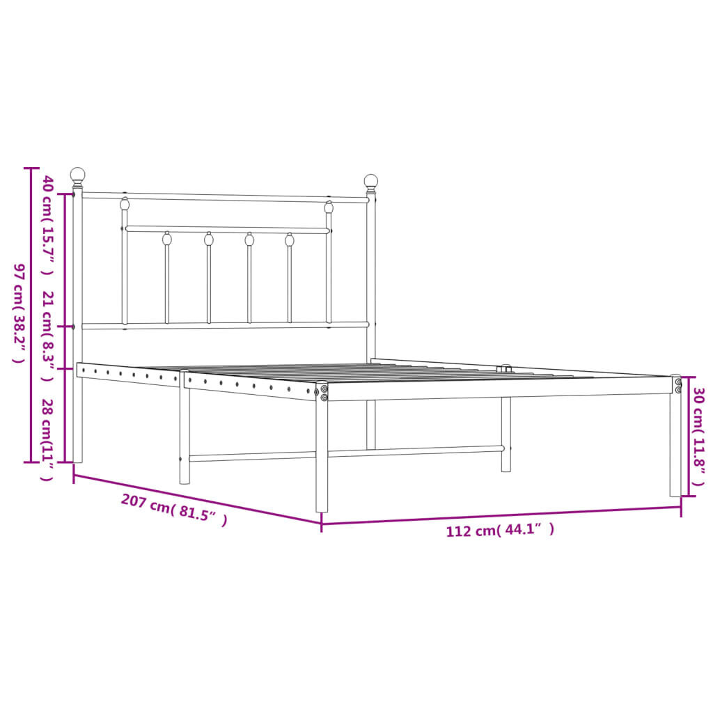 vidaXL metallist voodiraam peatsiga, valge, 107x203 cm hind ja info | Voodid | kaup24.ee