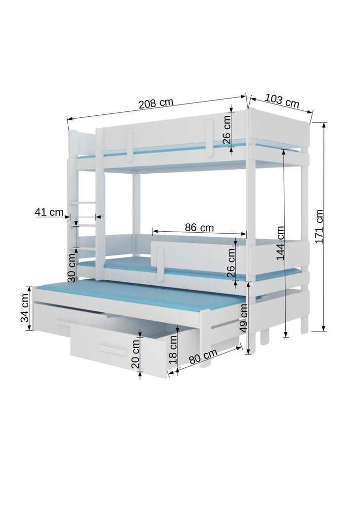 Narivoodi Adrk Furniture Etapo, 90x200 cm, valge/hall цена и информация | Lastevoodid | kaup24.ee